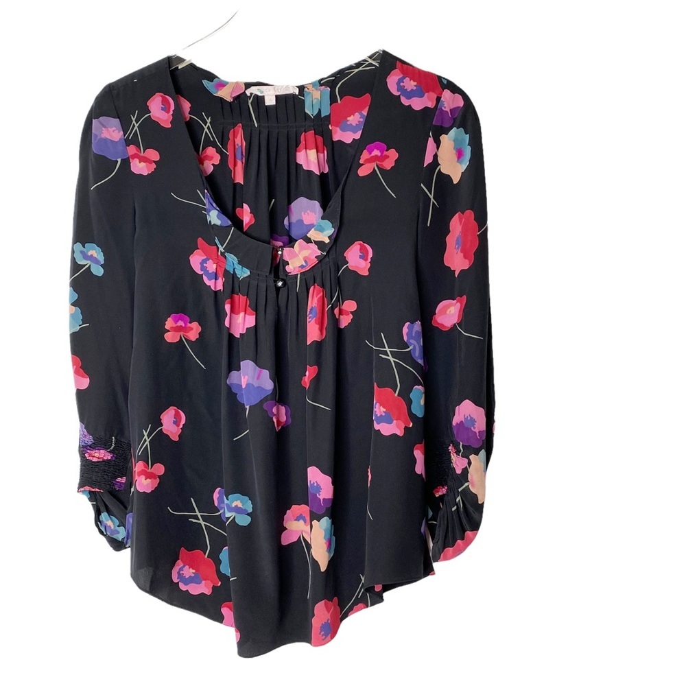 Rebecca Taylor Silk Black Floral Smocked Pleated Blouse Top 4